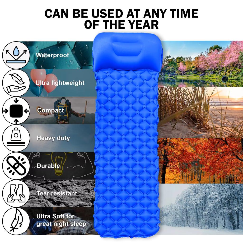Outdoor Camping Inflatable Mat with Pillow Portable Air Mattress Nature Hike Waterproof Folding Sleeping Mat for Travelling