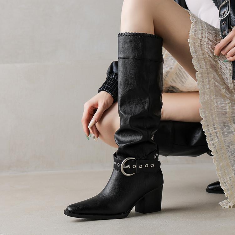 Light luxury niche retro leather knight boots 2025 autumn and winter new women's boots foreign trade pointed thick heel high boots