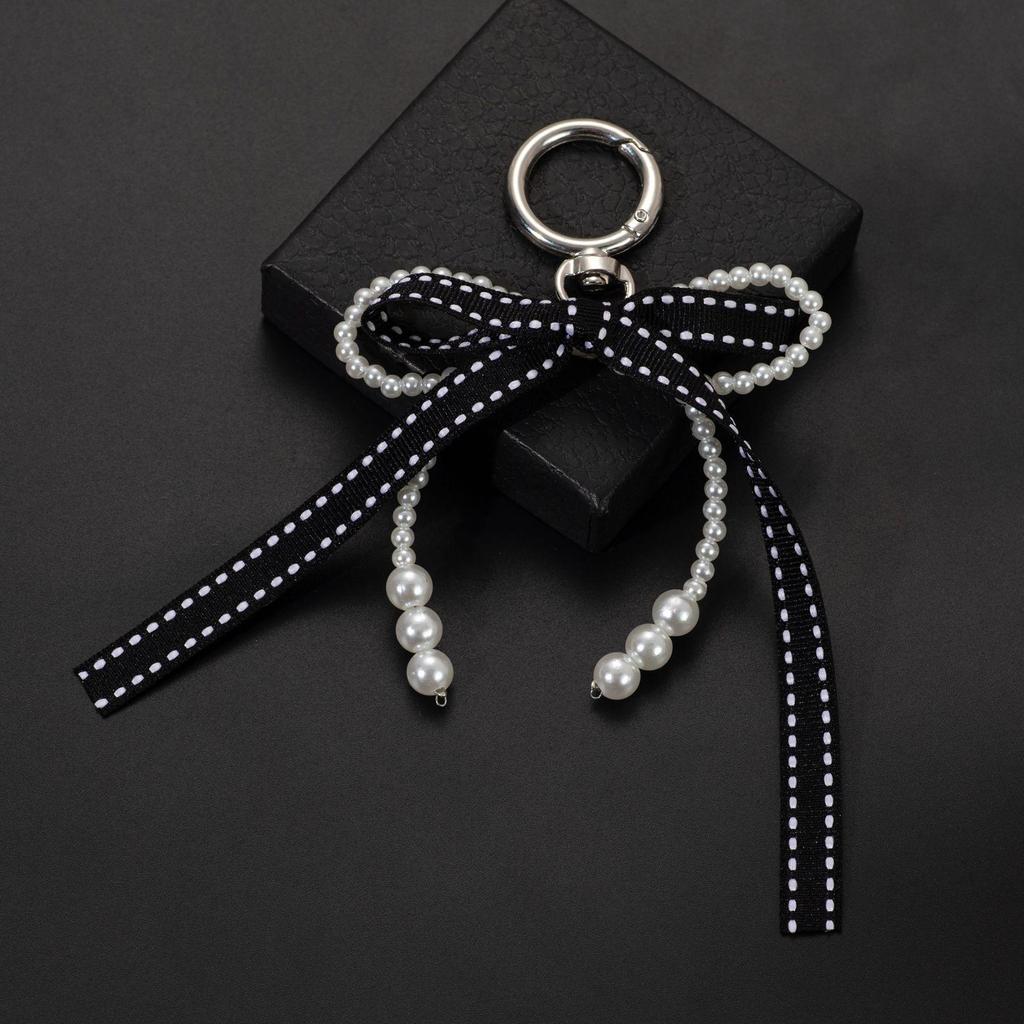 Minimalist Sweet Girl Style Handmade Beaded Faux Pearl Multicolor Ribbon Bow Keychain Charm