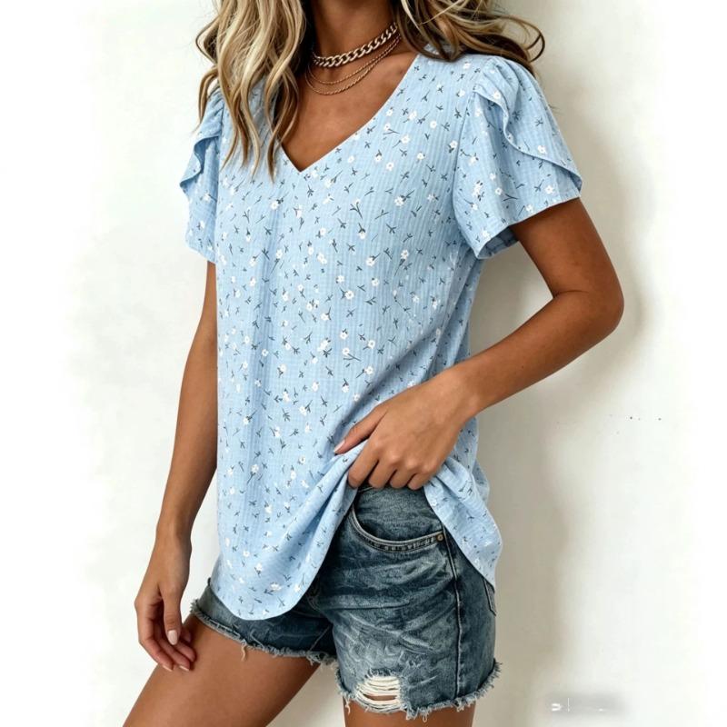 Women Pink Tiny Floral Print V Neck Ruffle Cap Short Sleeve Loose Casual Blouse S