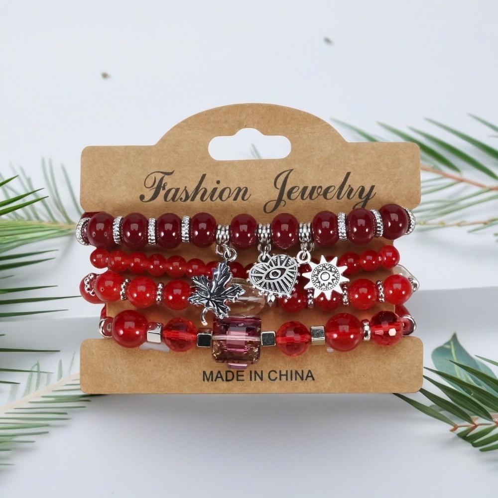 Bohemian Beaded Bracelet Set with Hollow Heart and Leaf Pendants