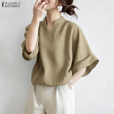 Women Casual V-Neck Solid Color Loose Half Sleeve Blouse