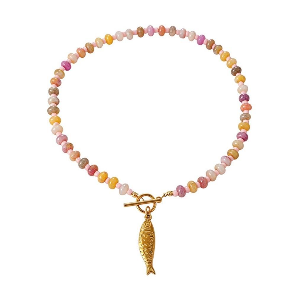 Colored Stone Small Fish Pendant Necklace Bohemian Fish-shaped Charms Jewelry Beads Necklace Women