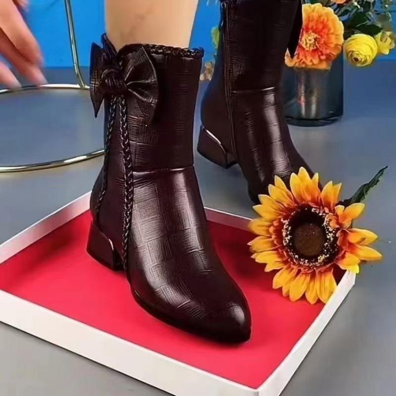 New Fashionable Pointed-toe, Thick-heeled, Low-top Cotton Boots Are Comfortable, Warm and Versatile Women's Shoes
