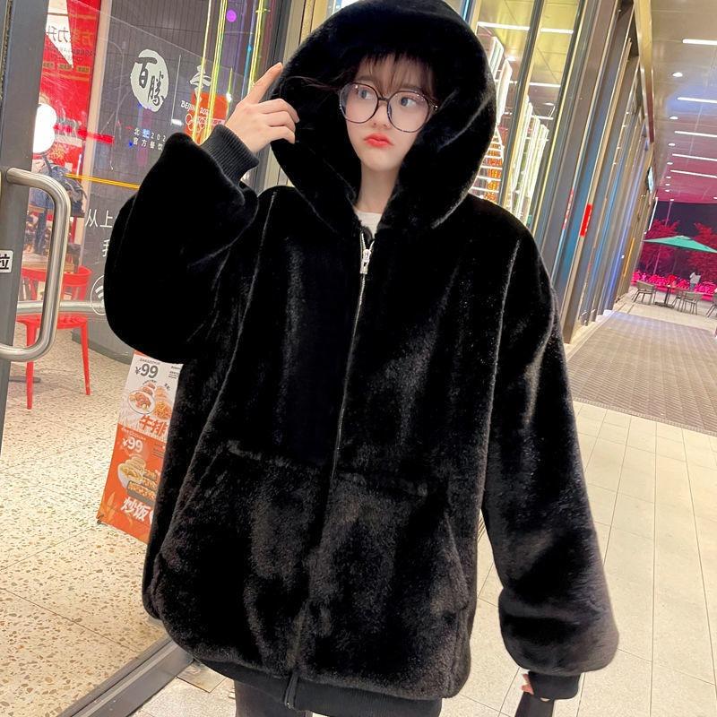 Winter New Imitation Rex Rabbit Fur Young Thickened Hooded Coat Lamb Wool Coat Women