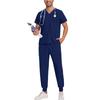 Men Quick Drying Fabric Solid Color V-neck Pocket Short Sleeved Pants Set Workwear