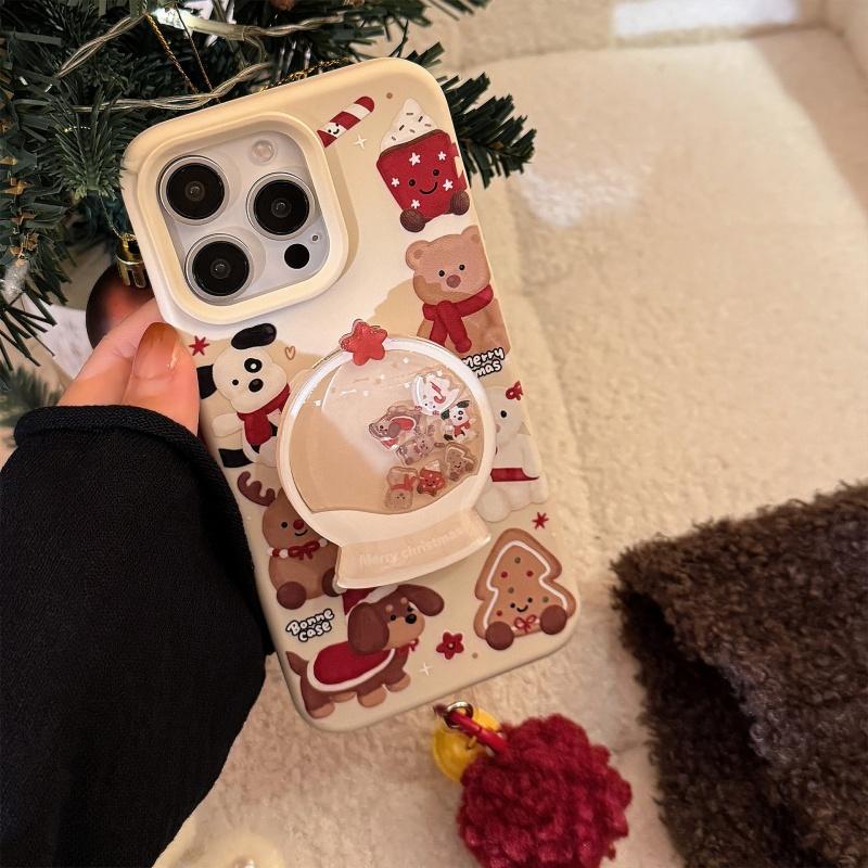 Cute Cartoon Style Christmas Crystal Ball Animal Rattle Phone Holder For iPhone Cases Desktop Foldable Phone Stand