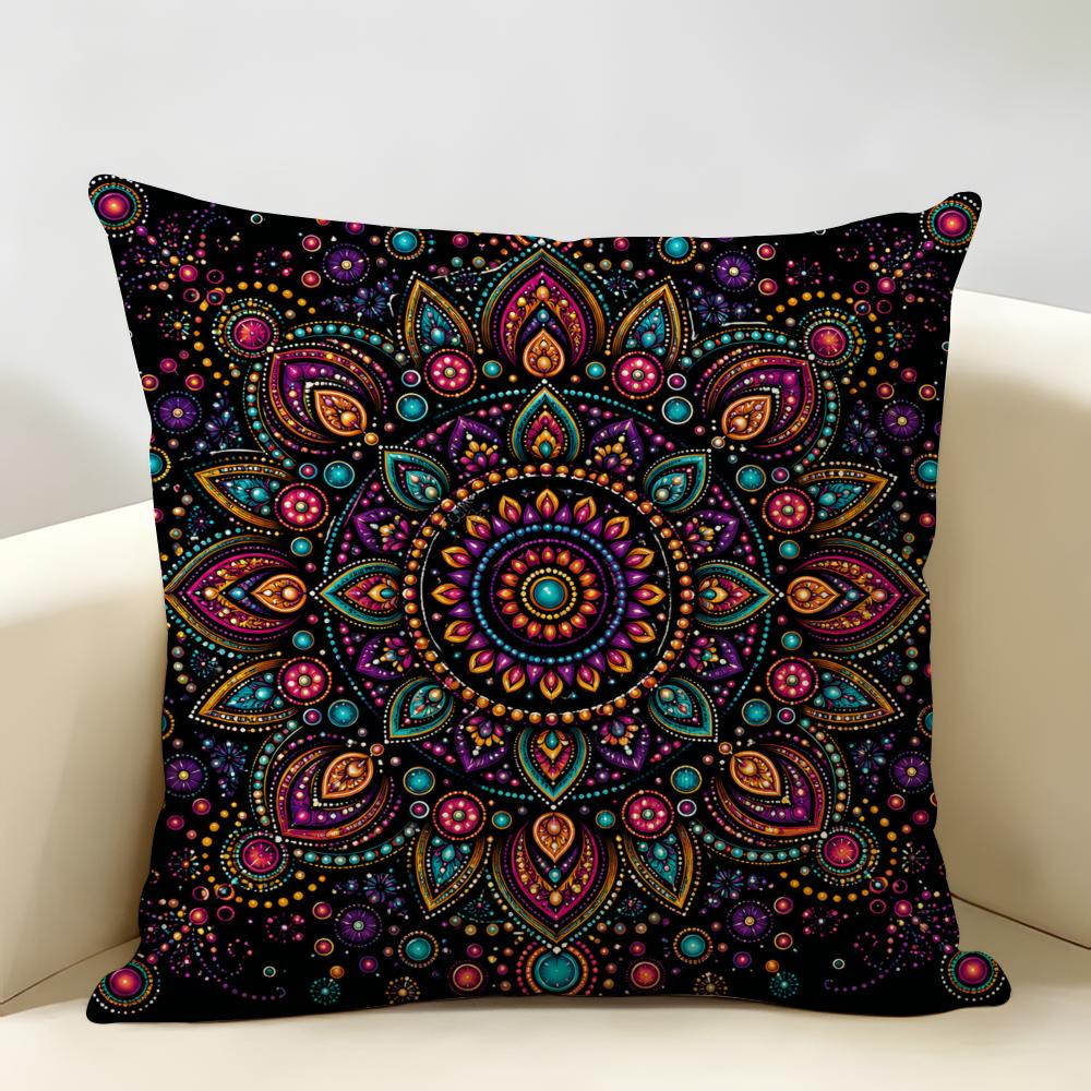 Darkcolored Mandala Floral Pattern Cushion Cover Durable Hypoallergenic Organic Linen Short Pillow Cover Washable
