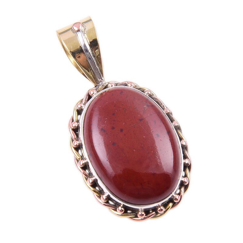 Pendentif bicolore en argent sterling 925 massif avec pierre précieuse naturelle de jaspe rouge, 3,8 cm, Q8S12