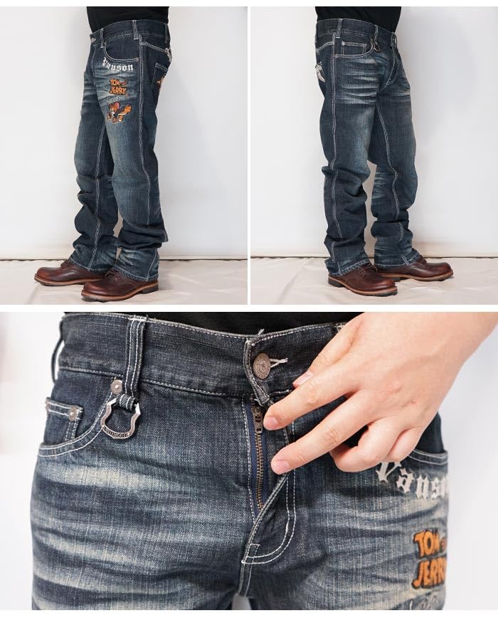 Vanson Tom Jerry Collaboration Embroidered & Men's Jeans, Denim, TJV-2516, Indigo-34