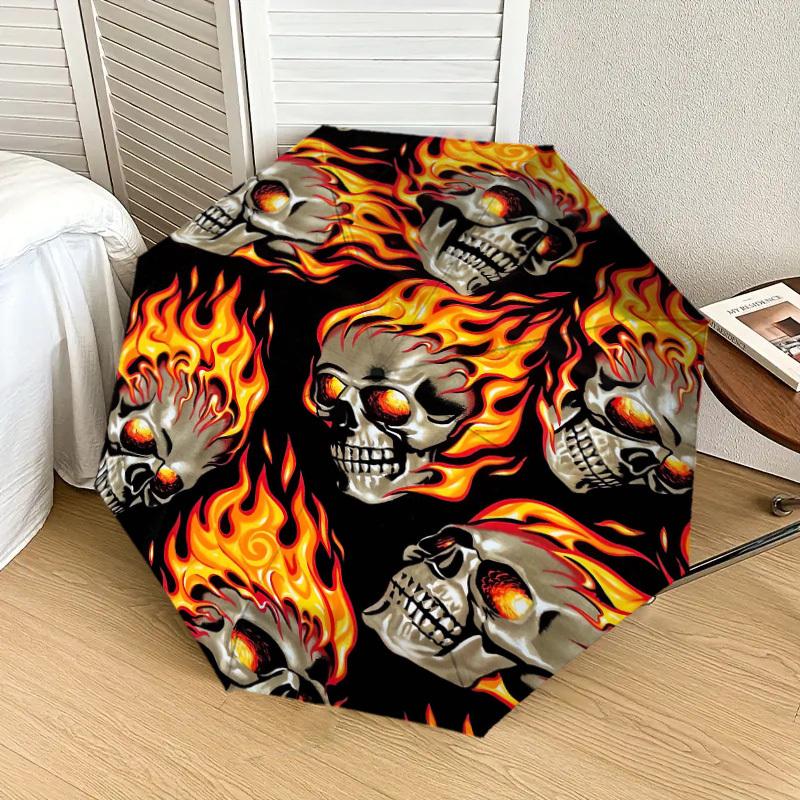 1pc Skulls Fire Pattern Umbrella Design Automatic Opening and Closing Umbrella, High-quality Travel Umbrella, Lightweight and Portable,