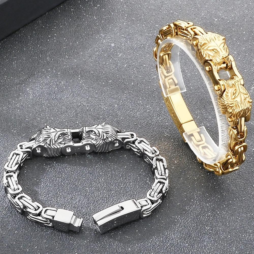 Cool 7MM Wide Men's Lion Head Link Chain Bracelet Vintage Blackened 316l Stainless Steel Bracelets Gothic Biker Jewelry for Men