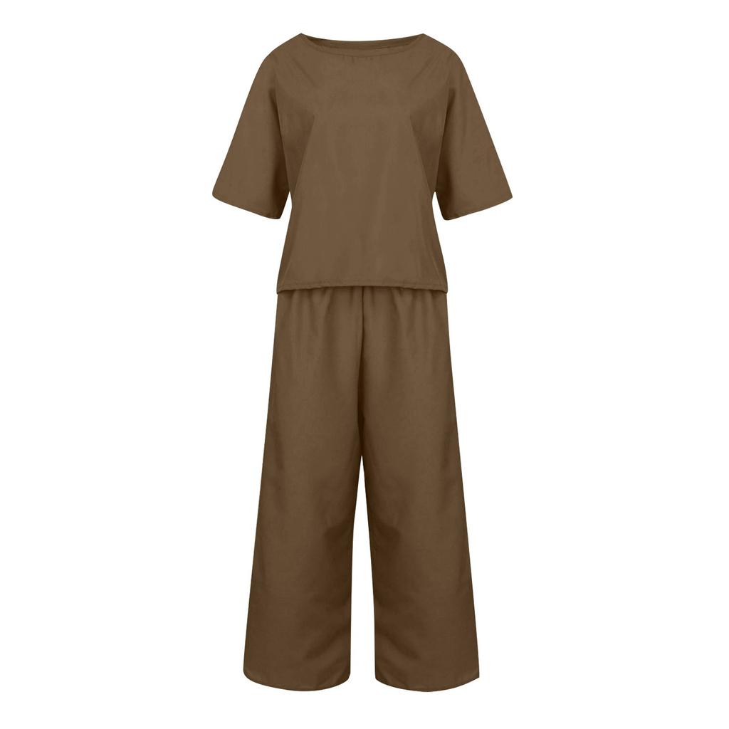 Women's Casual Fashion Sexy Long And Short Sleeve Pullover Shirt Round Neck Literary Retro Solid Color Casual Split Suit