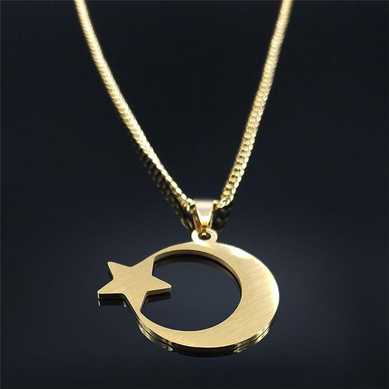 Muslim Islamic Crescent Moon Star Stainless Steel Chain Necklaces for Women Gold Color Pendant Necklace Amulet Jewelry Gift