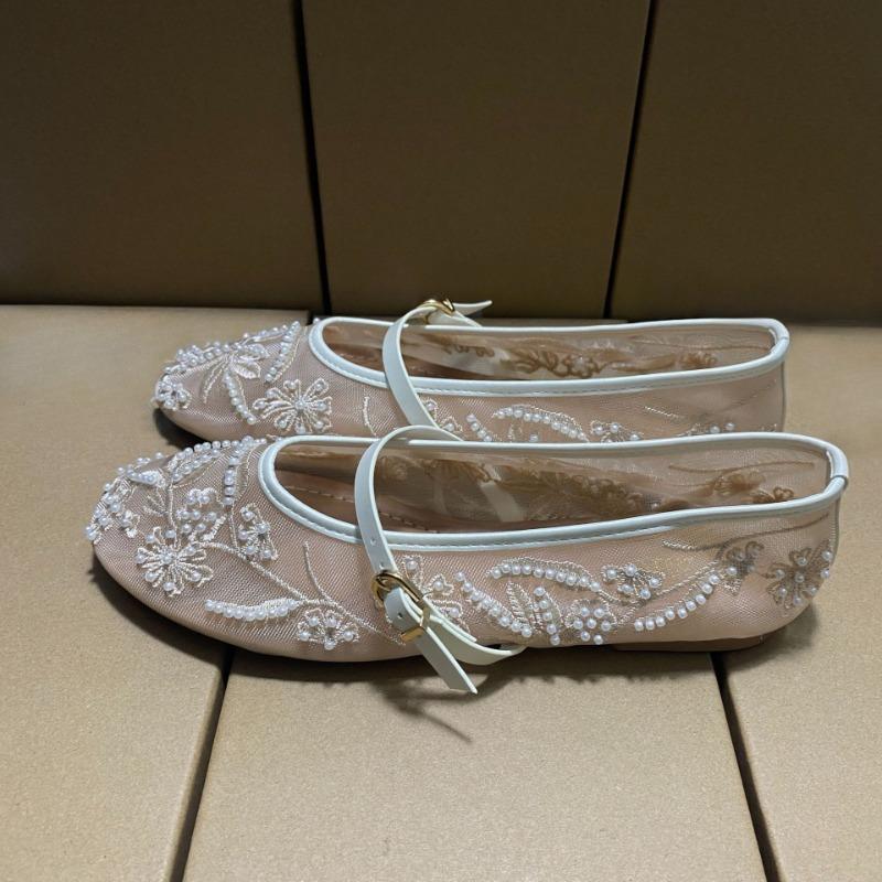 Retro Summer Women Mary Jane Shoes Embroidered Flower  Breathable Mesh Casual Footwear  Ballet Styles Female Flats