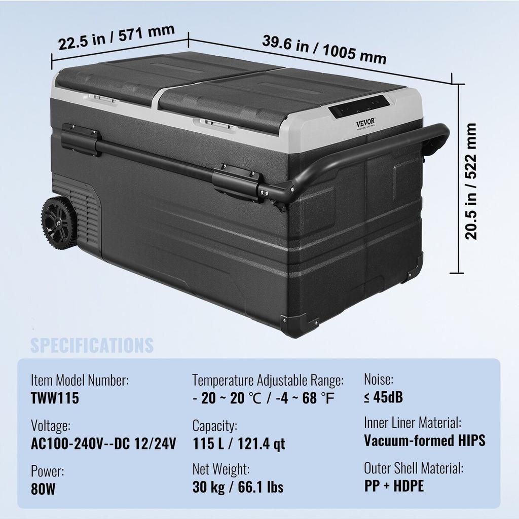 Portable Car Refrigerator Freezer Compressor 115 L Dual Zone for Car Home