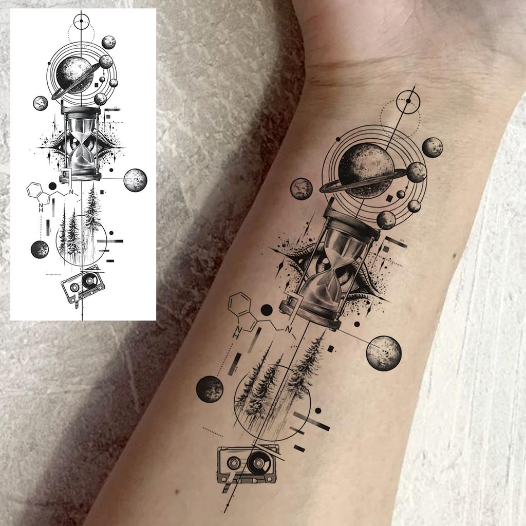 1 Sheet Geometric Planet Mountains Temporary Tattoos For Women Men Forearm Foot, Waterproof Long Lasting Realistic Tatoo Sticker