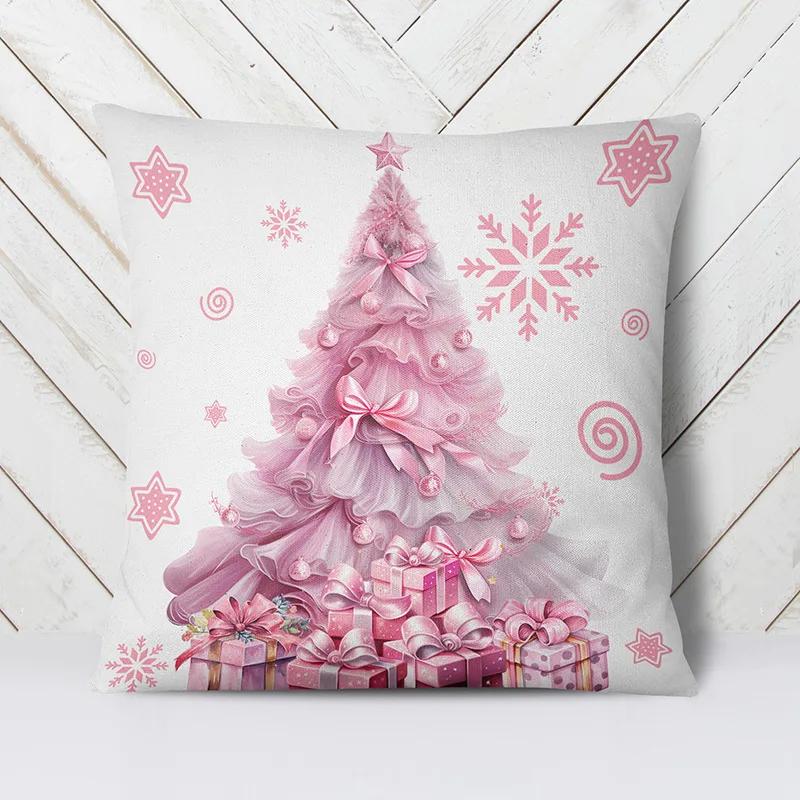 2024 New Christmas Pink Pillow Cases Living Room Sofa Ornaments Bedroom Home Decoration   Holiday Gifts