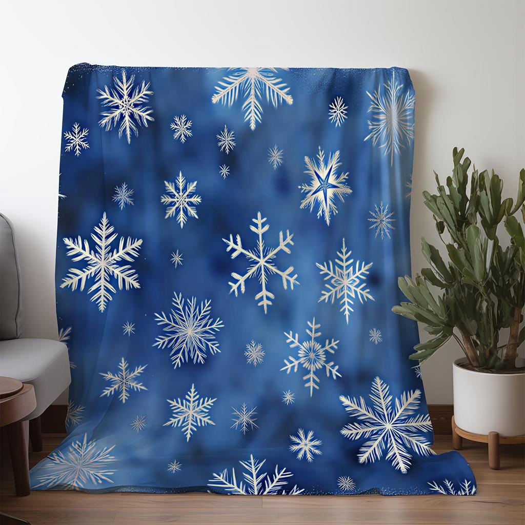 1pc Navy blue and white snowflake pattern blanket, polyester fabric, machine washable, suitable for sofas, beds, camping, travel