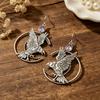Retro Distressed Silver Raven Crescent Moon Gothic Earrings
