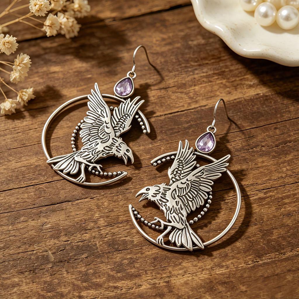 Retro Distressed Silver Raven Crescent Moon Gothic Earrings