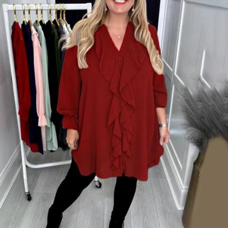 Casual Women Blouse V Neck Loose Fit Long Sleeve Ruffle Trim Solid Color Chiffon Daily Wear Tops