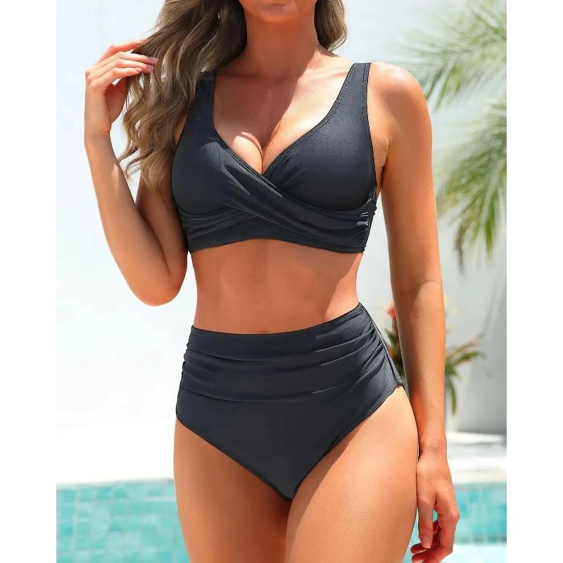 Fashionable High-Waist Bikini Swimsuit Separate Colors Printed Cross Design Women's Swimwear Elegant Chic Poolside Outfit
