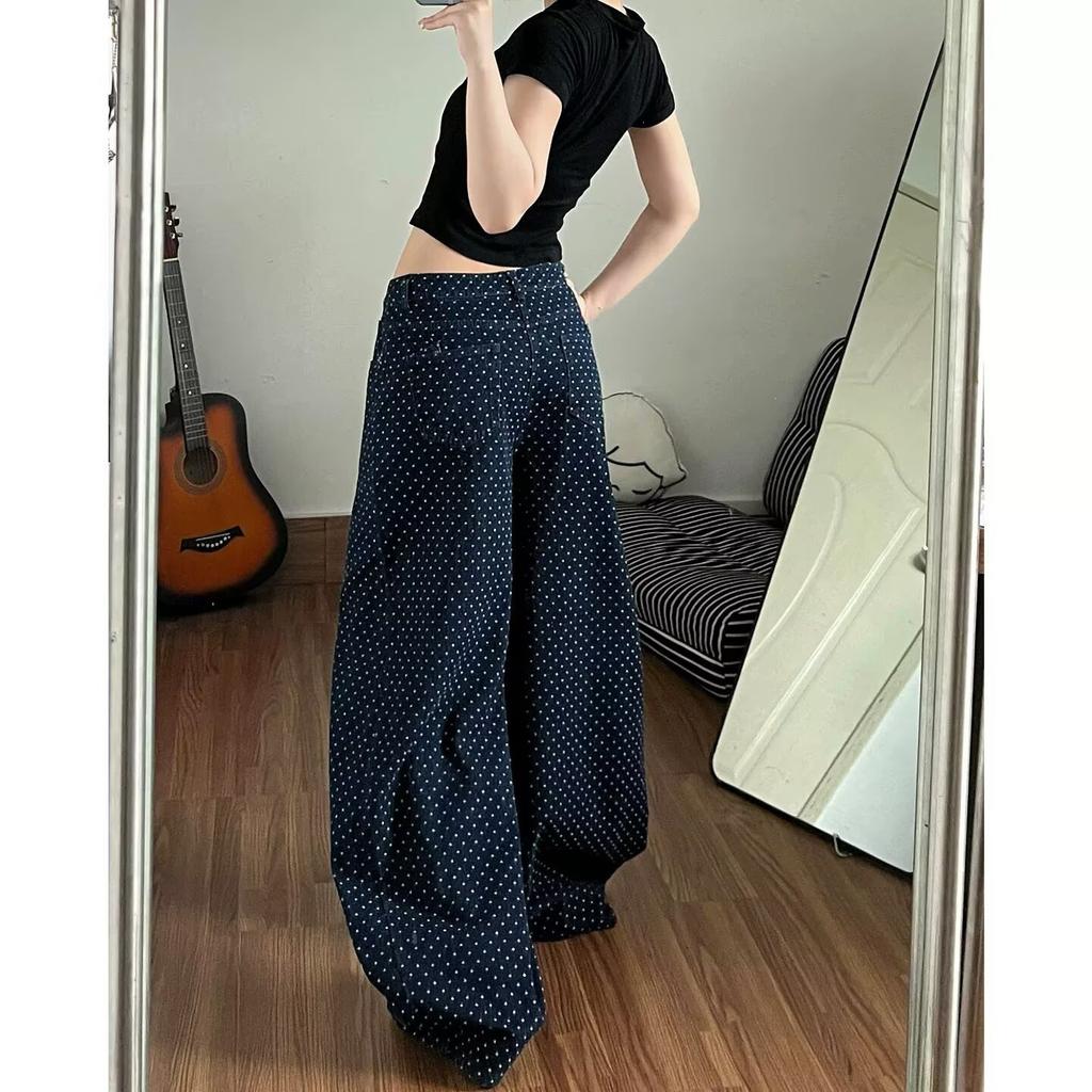 American high street retro polka dot straight jeans women's autumn high street design sense loose and thin drape wide-leg pants