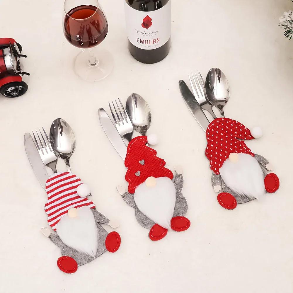 3pcs Christmas Cutlery Holder Knife Fork Pocket Bags Santa Claus Xmas Tableware Cover Home New Year Cookware Gift Decoration