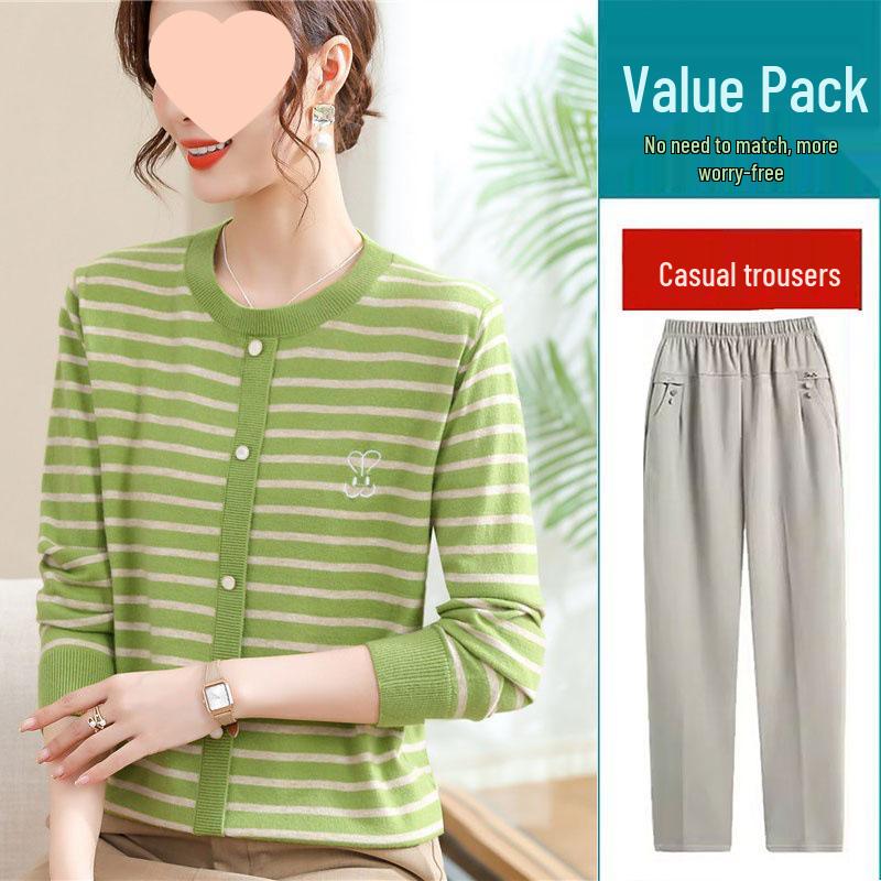Mom's 2025 Autumn Striped Long-Sleeve Knit Sweater for Middle-Aged & Elderly Women