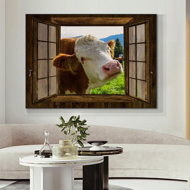 Cows By The Window Poster Farmhouse Cow Wall Art Canvas Pictures Print Living Room Kid Bedroom Home Decor Painting Gifts Cuadros