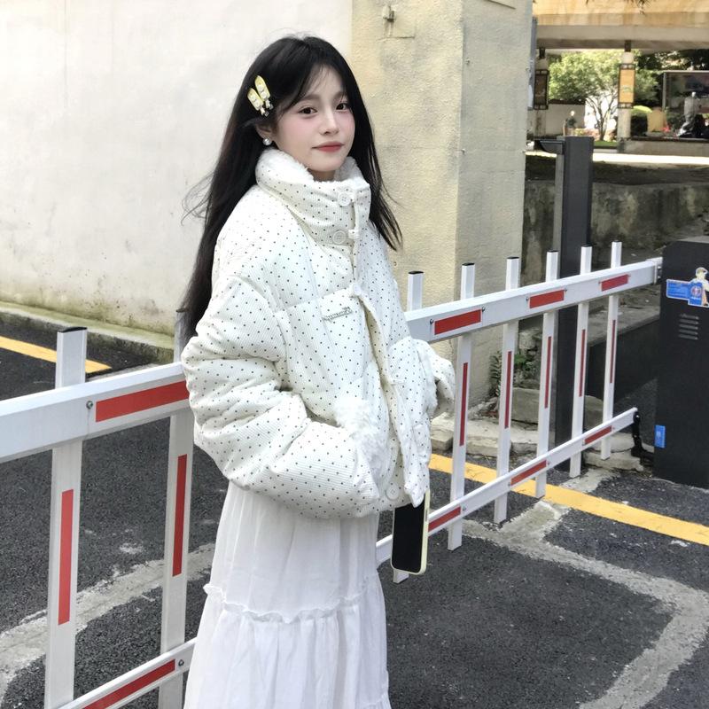 Women's Corduroy Stand Collar White Down Jacket Black Dots