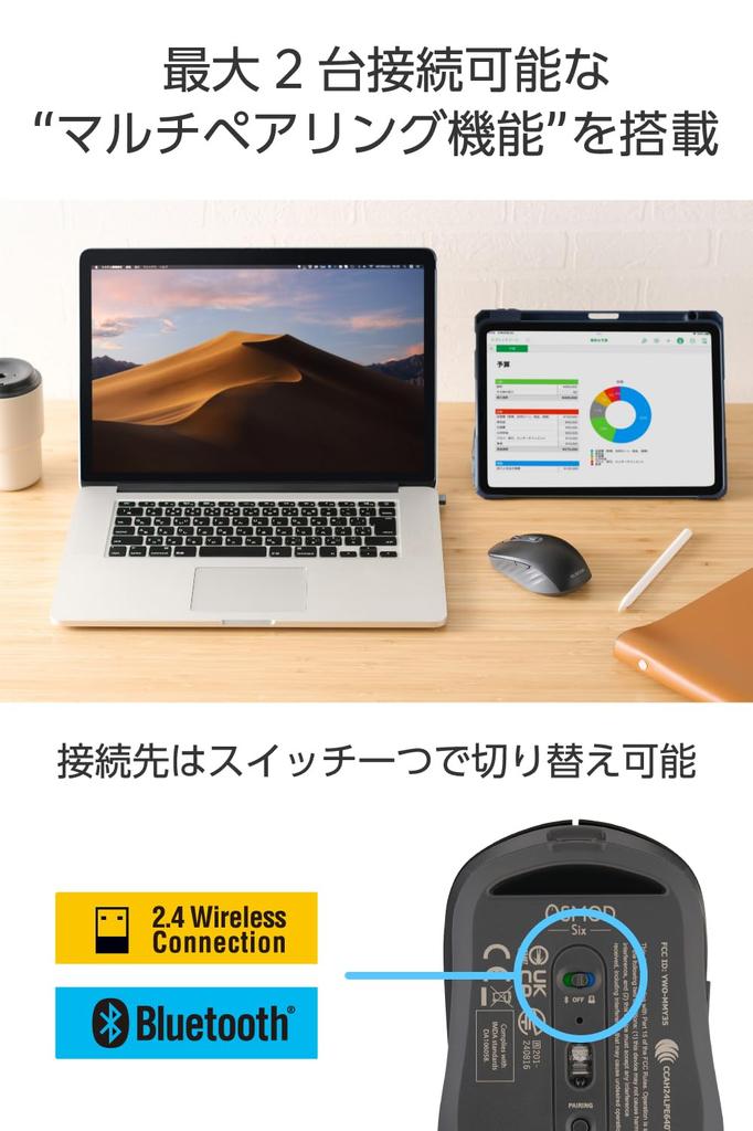 ELECOM OSMOD Six Wireless Mouse, Quiet, Rechargeable, Bluetooth and 2.4GHz Compatible, Multi-Pairing, Connects Up To Two Devices, 6 Buttons, Black,