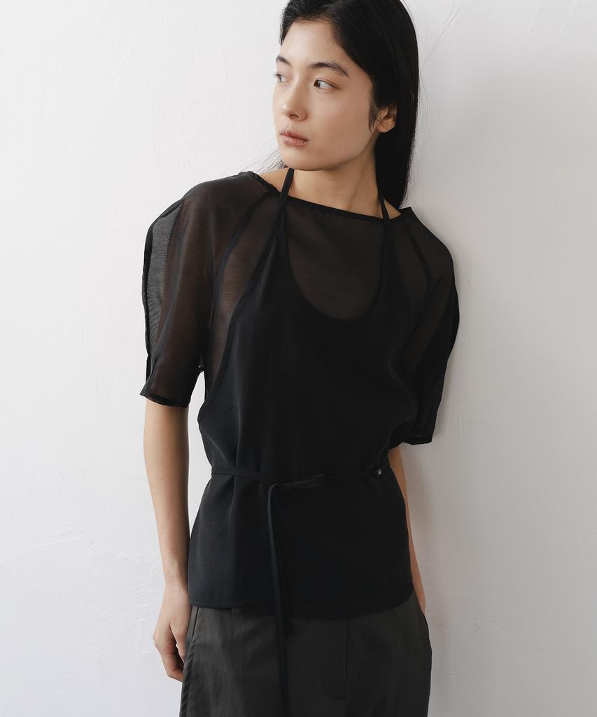 AFTERGLOWOOL Sheer Half Sleeve Blouse-Black
