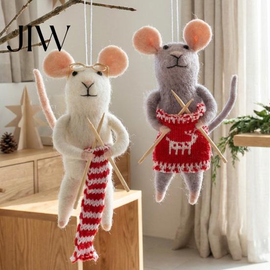 Soft Wool Felt Animal Figurines Christmas Mouse Ornament, Handmade Felted Hanging Decoration, Knitting Theme Xmas Tree Baubles Cute Doll for