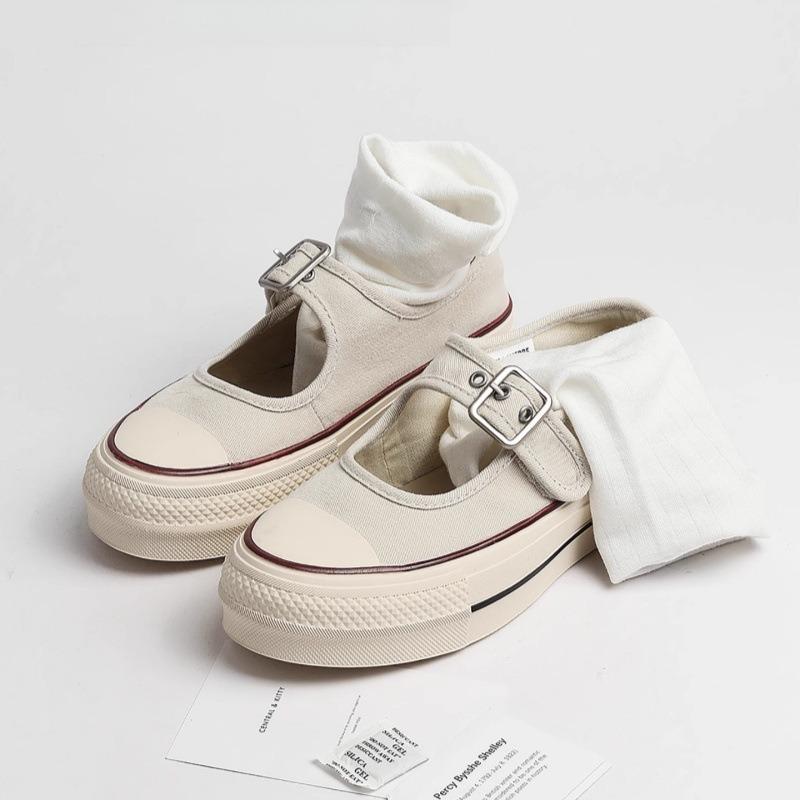 Thick-soled Retro Light-mouth Mary Jane Canvas Shoes, New Lazy One-word Buckle Versatile Casual Women's Shoes
