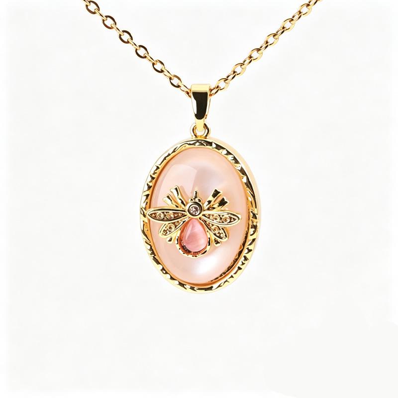 Elegant Copper Cat's Eye Bee Pendant Necklace for Women - Sparkling Chain, Urban Style