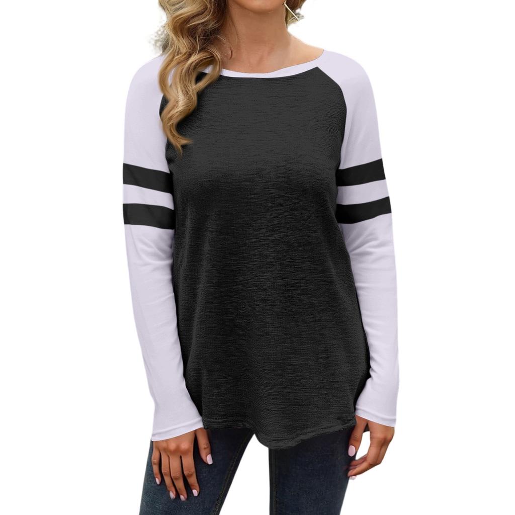 Women's Casual Fashion Striped Long Sleeve Round Neck Colorblock Top
