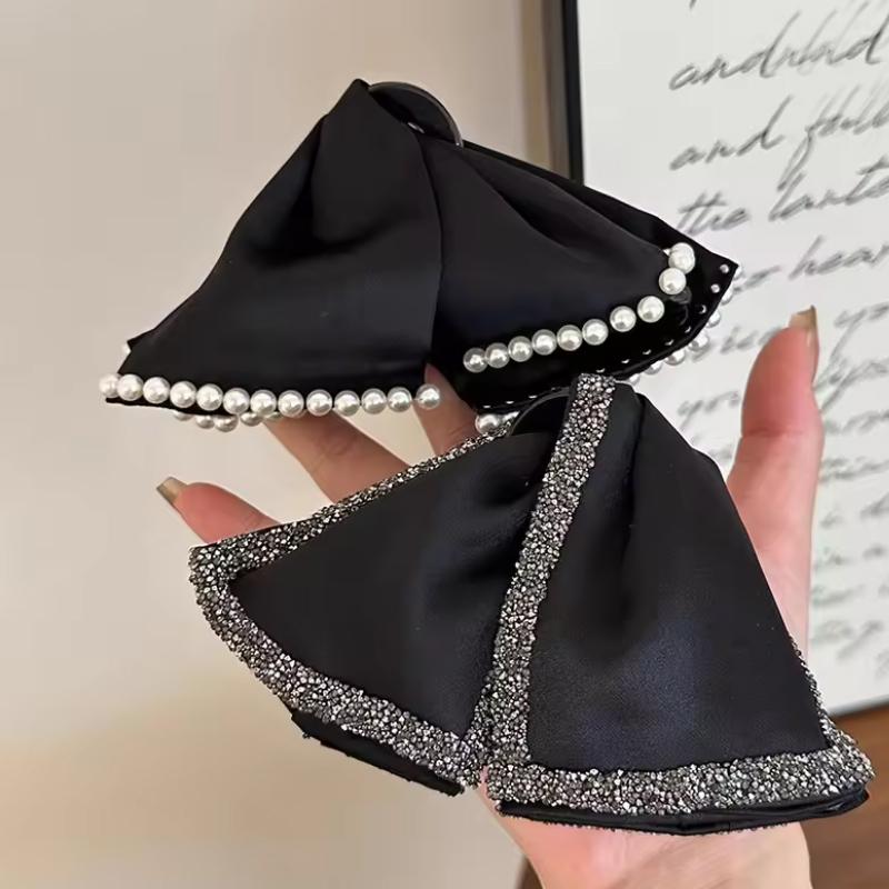Vintage Hair Clips For Women Black Satin Hair Claw Rhinestone Pearl Hairpin Large Bow Hair Accessories Wedding Bridal Party Elegant Hair Ornament