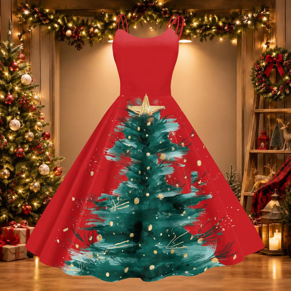 Women's Sexy Off-Shoulder Vintage Christmas Print Dress for Holiday Party