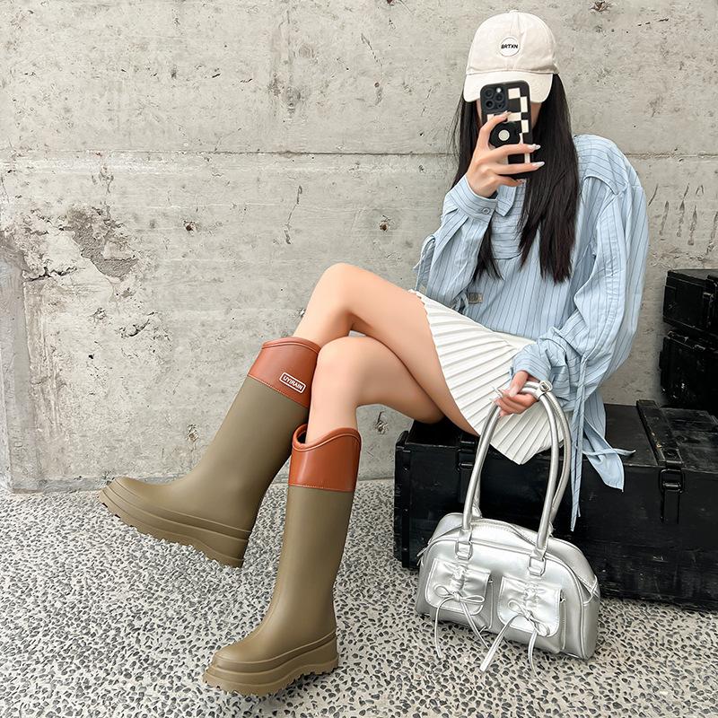 Tall rain shoes women's fashion rain boots outdoor waterproof shoes rubber shoes velvet thick-soled waterproof boots