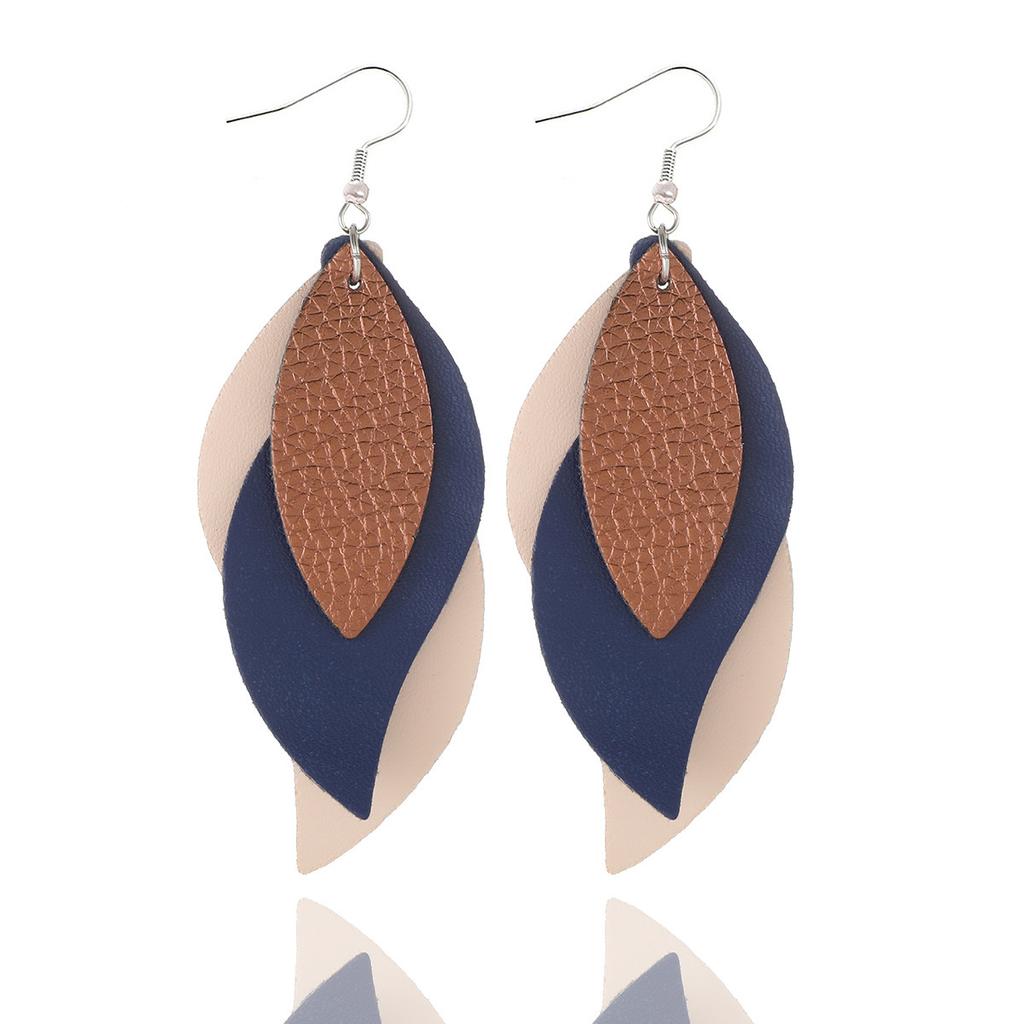 Solid Color Three Layer Leaf PU Leather Earrings Women Fashion Ear Studs