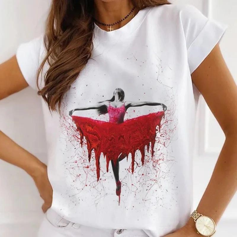 Stylish African Womens Watercolor Ballerina Girl Cute Cartoon Short Sleeve Tshirt Summer Tops Vintage Clothes Oversized Tee