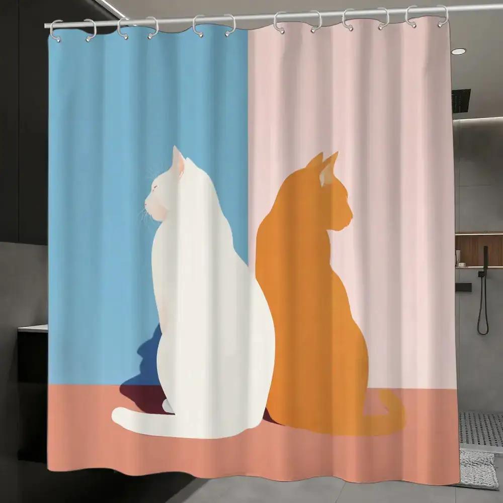 

Minimalist Cat Shower Curtain – White & Orange Cats On Blue Pink Split Background, 12 Hooks, 70.87×70.87 Waterproof Bath Decor W60H190(CM)-1 Pcs