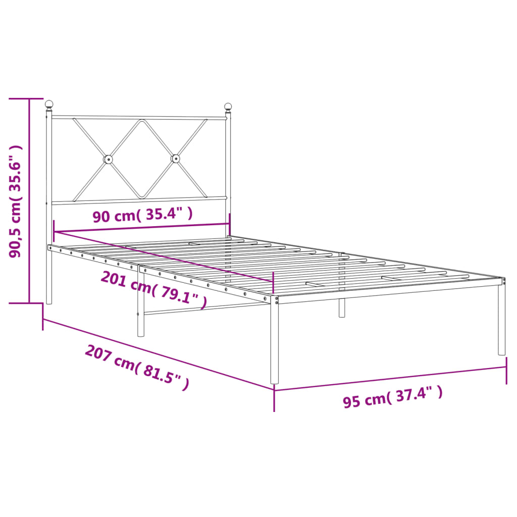 Vidaxl Metal Bed Frame with Headboard, White, 90X200 Cm