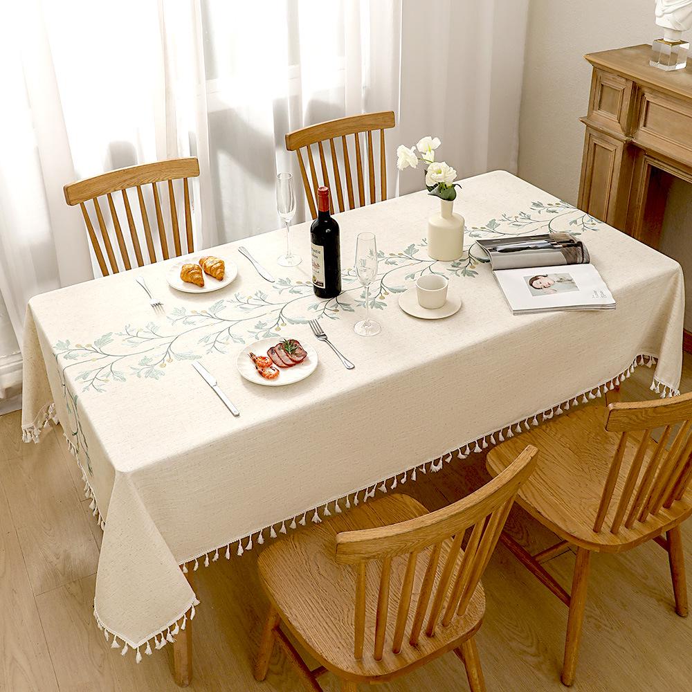 Luxury Embroidered Cotton-Linen Tablecloth with Tassels - Waterproof & Heat-Resistant