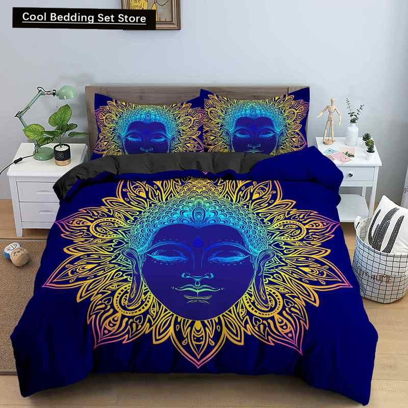 Set Letto Buddha Religione Indiana Buddismo Meditazione Mandala Copripiumino Sorriso Buddha Floreale Morbido Copripiumino Queen King Size