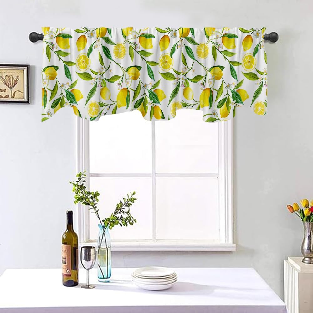 Nature Exotic Lemon Tree Branches Treatment Valance Watercolor Plant Fruit Art Window Valance with Rod Pocket for Kitchen Dining Room Window