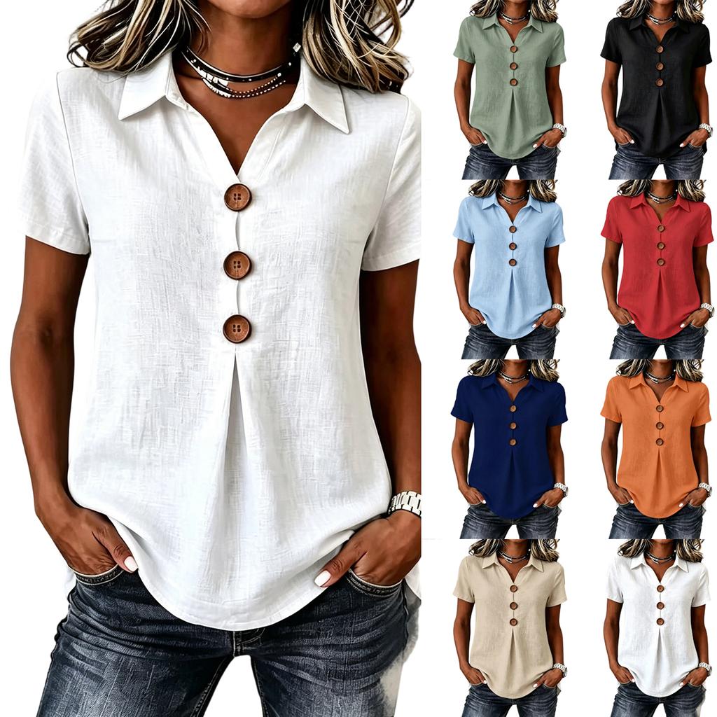Women's Casual V Neck Button Front Shirt Short Sleeve Collared Blouse Lightweight Loose Fit Summer Top