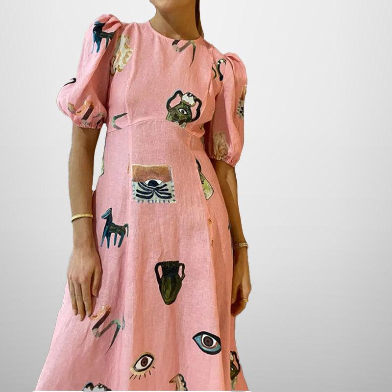 New Printed Fashionable Temperament Puff Sleeve Slim-fit Fit Dress
